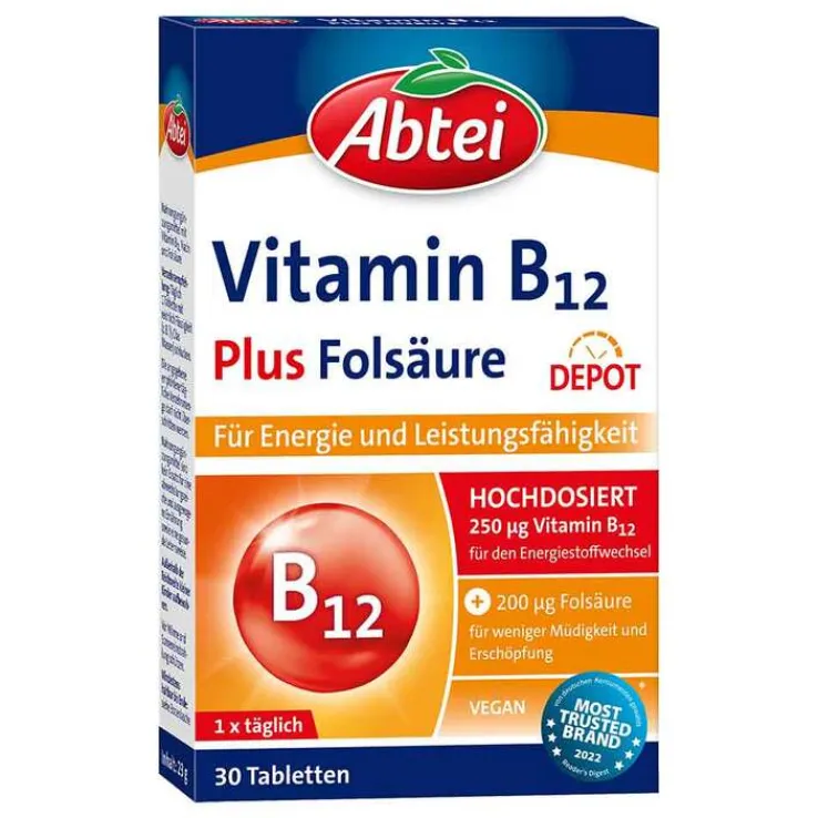 Abtei Vitamin B12 Plus Folsäure Tabletten Titandioxidfrei , 30 St