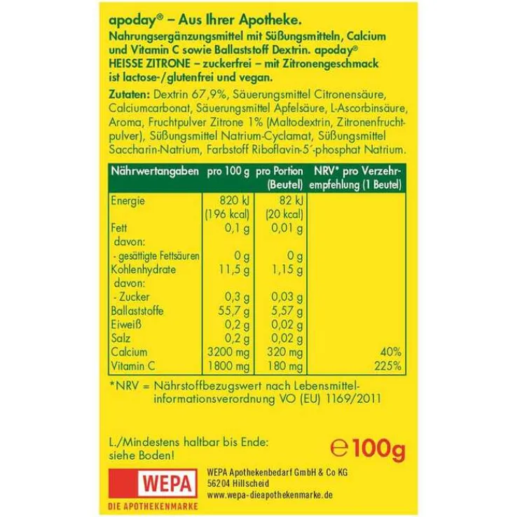 Apoday Heiße Zitrone Vitamin C und Calcium ohne Zucker Pulver, 10X10 g