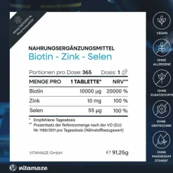Biotin 10 mg hochdosiert + Zink + Selen Tabletten, 365 St