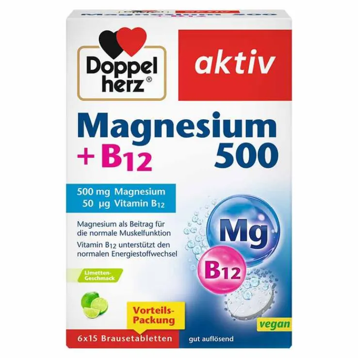 Doppelherz Magnesium 500 + B12 Brausetabletten, 6X15 St