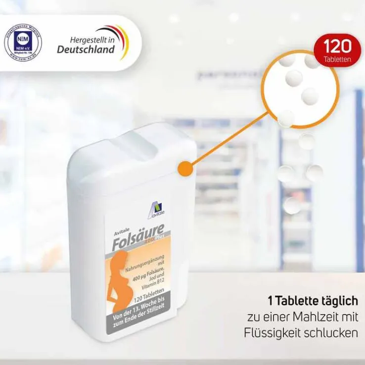 Folsäure 400 Plus B12 + Jod Tabletten, 120 St