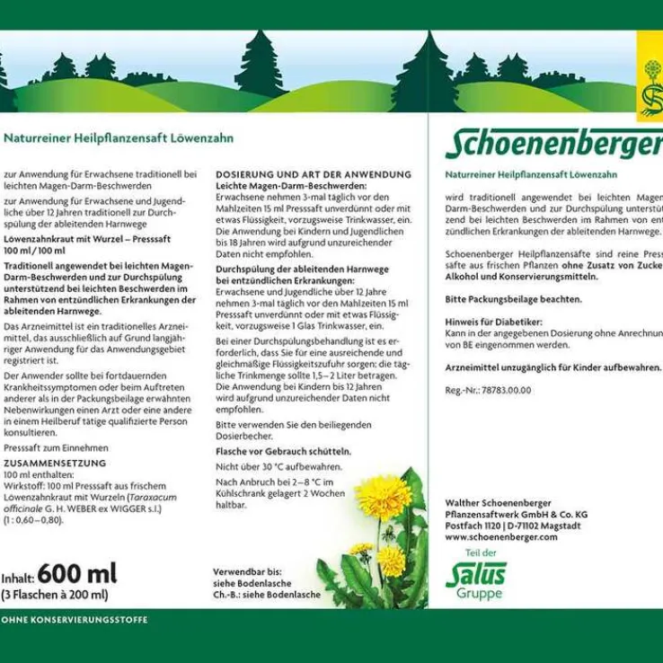 Löwenzahn Saft Schoenenberger HPS, 200 ml
