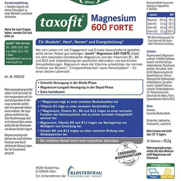 Taxofit Magnesium 600 Forte Depot Tabletten, 30 St