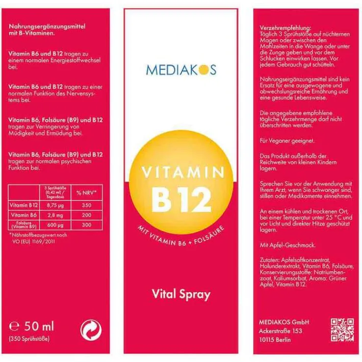 Vitamin B12 + B6 + Folsäure Mediakos Vital Spray, 50 ml