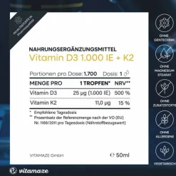 Vitamin D3 K2 1000 I.E. / 10 µg Tropfen hochdosiert, 50 ml