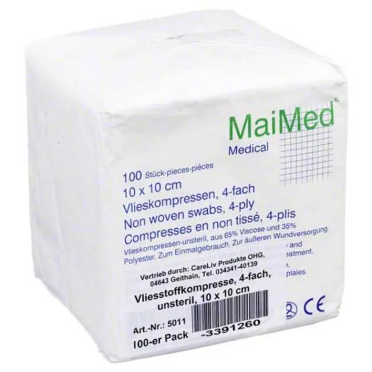 Vliesstoff-Kompressen 10x10 cm unsteril 4fach, 100 St